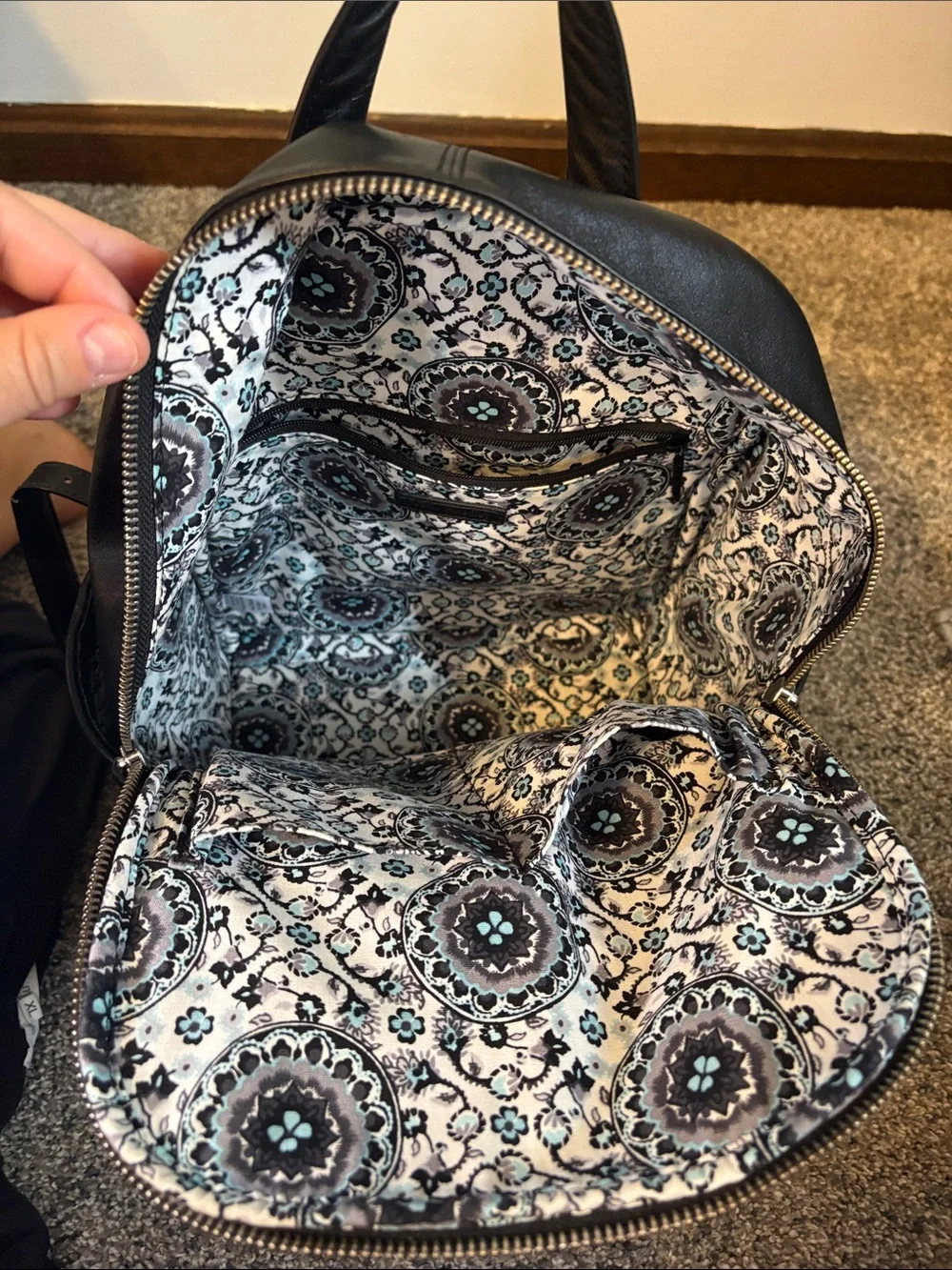 Vera Bradley Black leather Quilted Front Pocket Medium Backpack NWOT